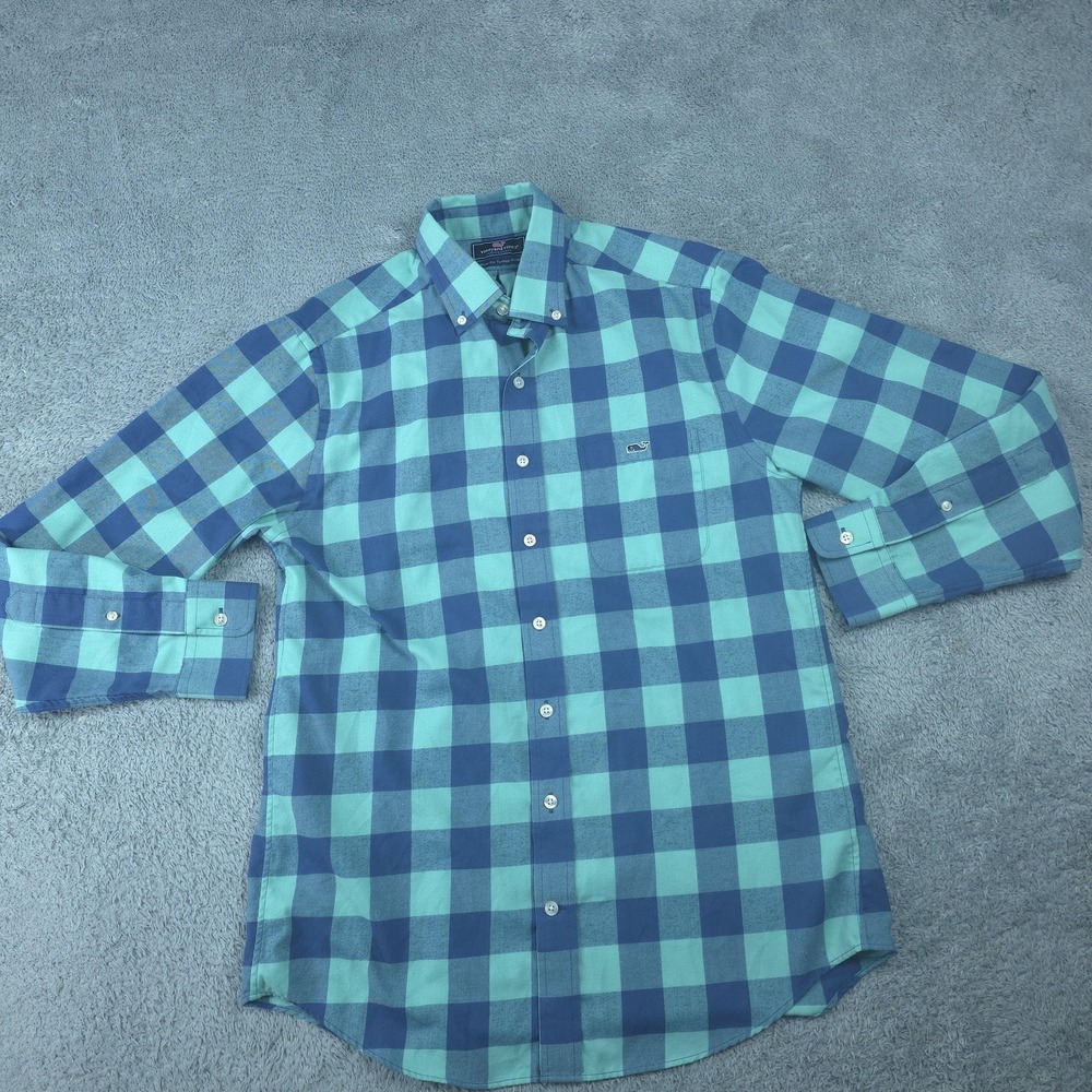 Vineyard Vines Shirt Mens Medium Blue Green Check Slim Fit Tucker Long Sleeve